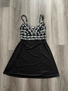 Vintage Made in Canada Black Mini Dress with Pink and Green Floral Embroidery